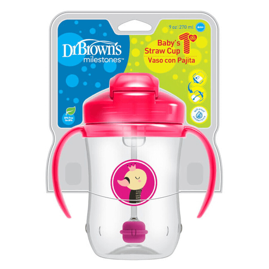 Dr Brown's first cup with straw, pink, 270 ml, from 6 months, 1 pc