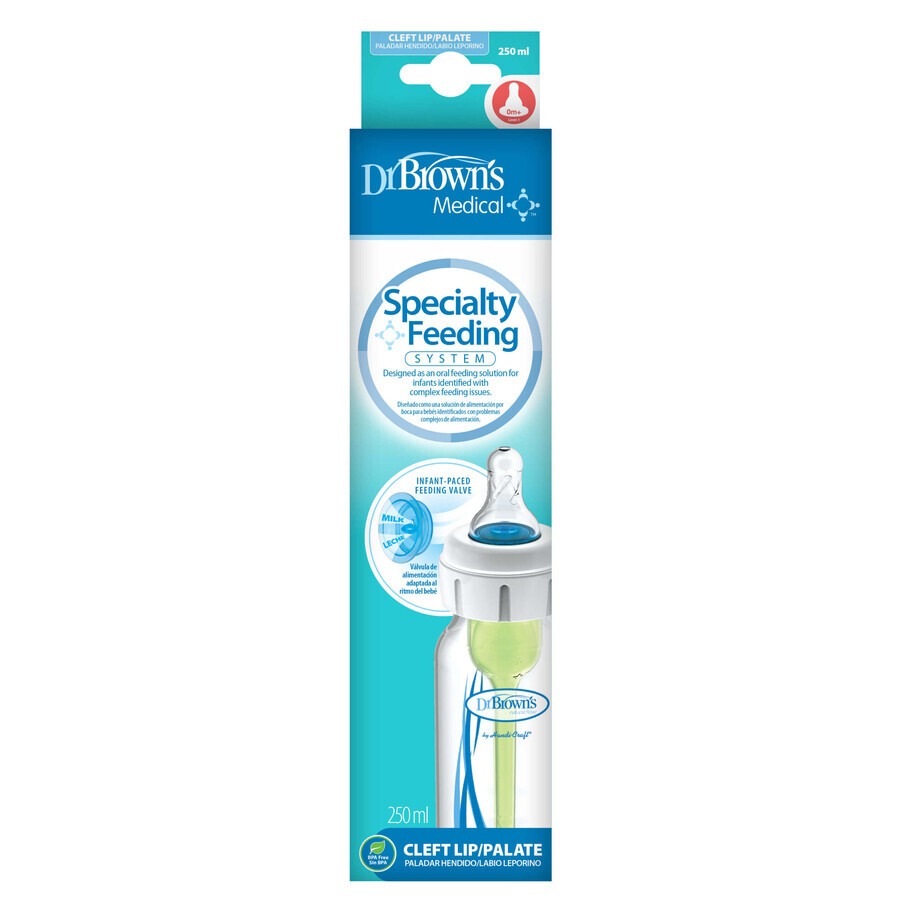 Dr Brown's, biberon standard con sistema di alimentazione per bambini con labiopalatoschisi, 250 ml, dalla nascita, 1 pezzo