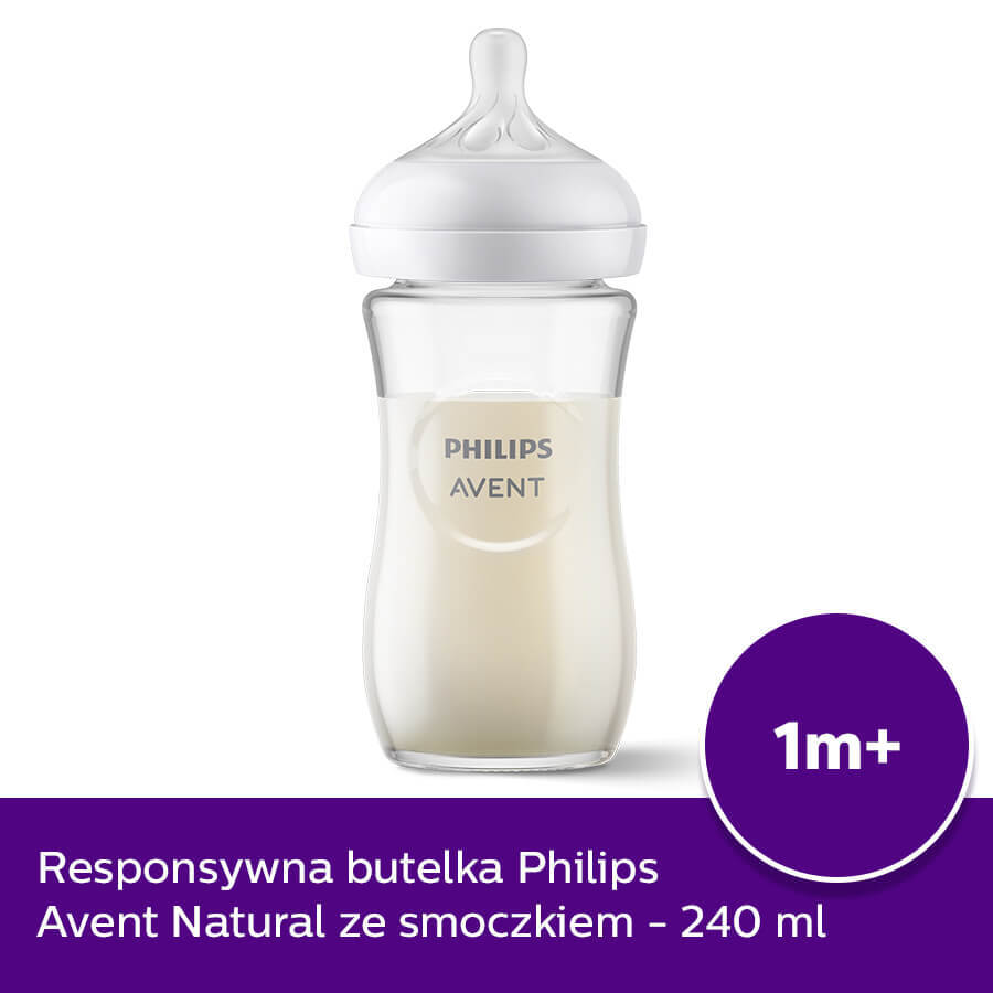 Avent Natural Response, biberon in vetro con tettarella reattiva, flusso 3, SCY933/01, dopo 1 mese, 240 ml 