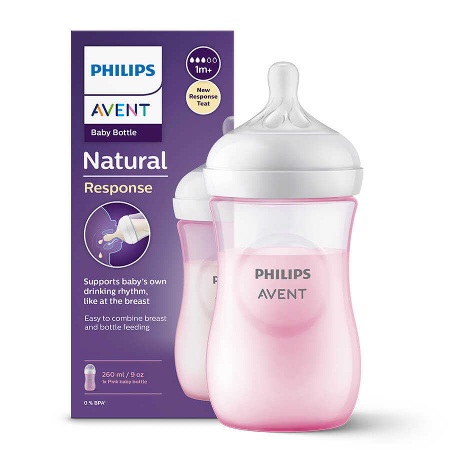 Avent Natural Response, biberon con tettarella reattiva, rosa, flusso 3, SCY903/11, dopo 1 mese, 260 ml 