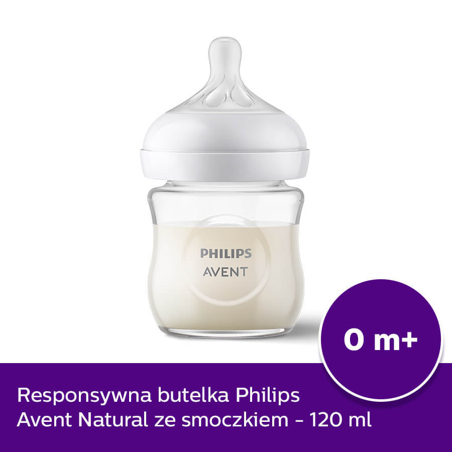 Avent Natural Response, biberon in vetro con tettarella reattiva, flusso 2, SCY930/01, dalla nascita, 120 ml 