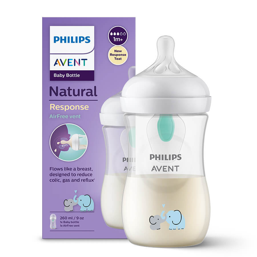 Avent Natural Response, biberon con tettarella reattiva, con valvola AirFree, elefante, flusso 3, SCY673/81, dopo 1 mese, 260 ml