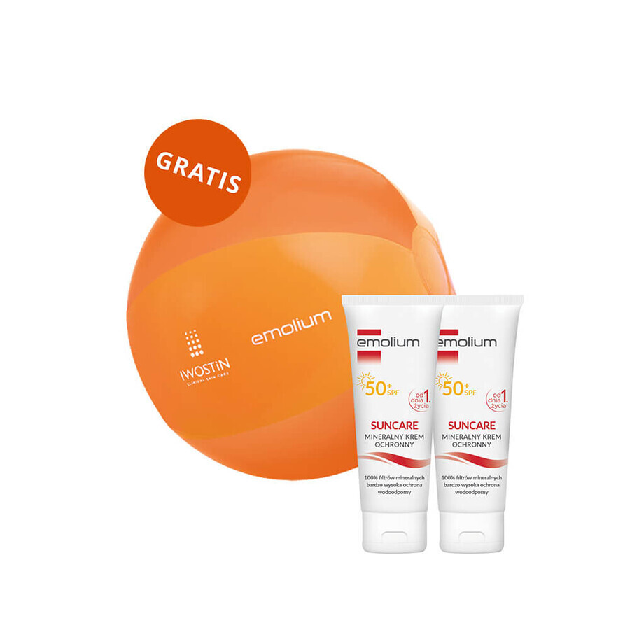 Set Emolium Suncare, crema protettiva minerale per bambini dal primo giorno di vita e adulti, SPF 50+, 2 x 50 ml + pallone da spiaggia in omaggio