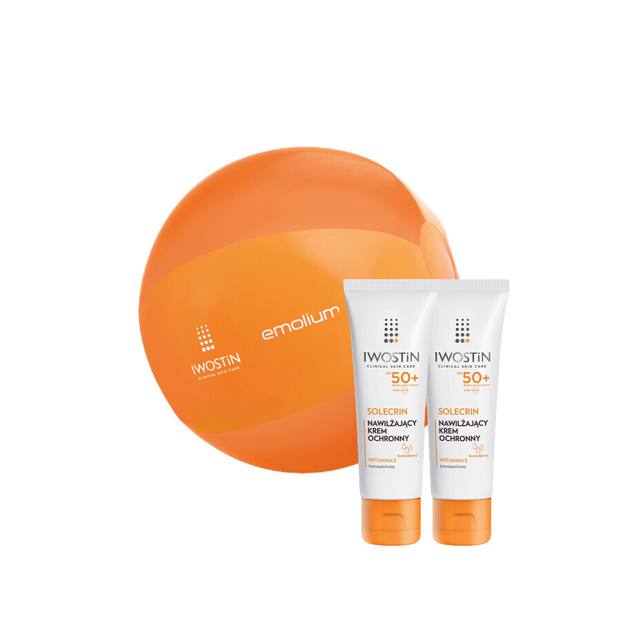 Iwostin Solecrin Set, feuchtigkeitsspendende Schutzcreme, empfindliche, normale und trockene Haut, SPF 50+, 2 x 50 ml + Strandball gratis