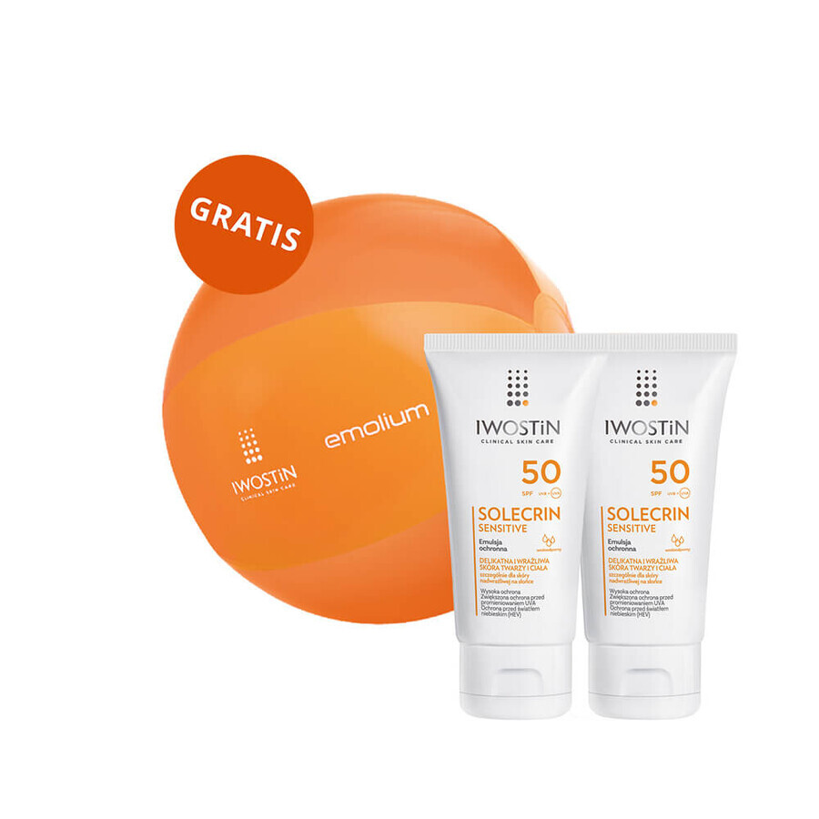 Iwostin Solecrin Sensitive Set, schützende Emulsion SPF 50, empfindliche Haut, 2 x 100 ml + kostenloser Strandball