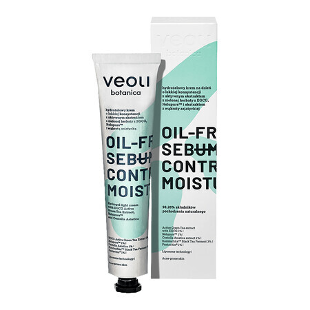 Veoli Botanica Oil-Free Sebum Control Moisturizer, crema da giorno in idrogel con estratto attivo di tè verde con EGCG, Nelupure ed estratto di Centella Asiatica, 50 ml