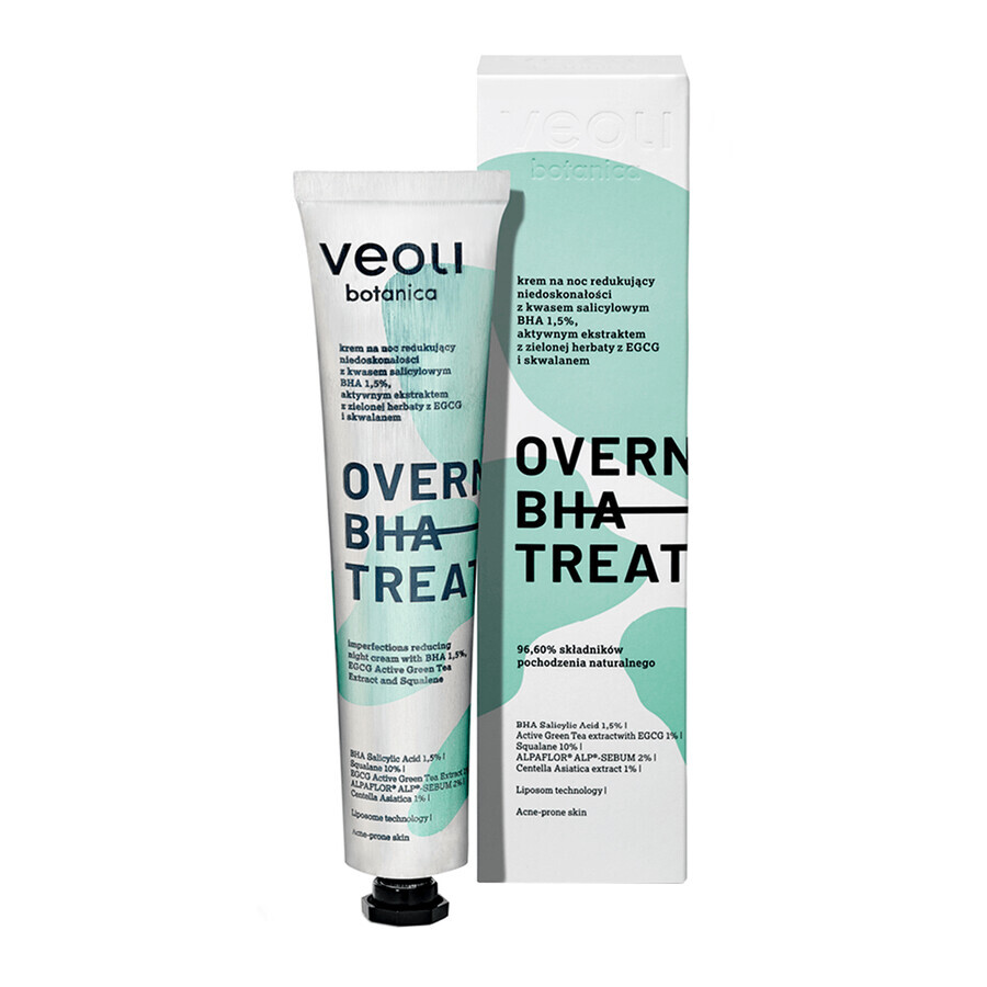 Veoli Botanica Overnight BHA Treatment, crema notte anti imperfezioni con acido salicilico BHA 1,5%, estratto attivo di tè verde con EGCG e squalano, 50 ml