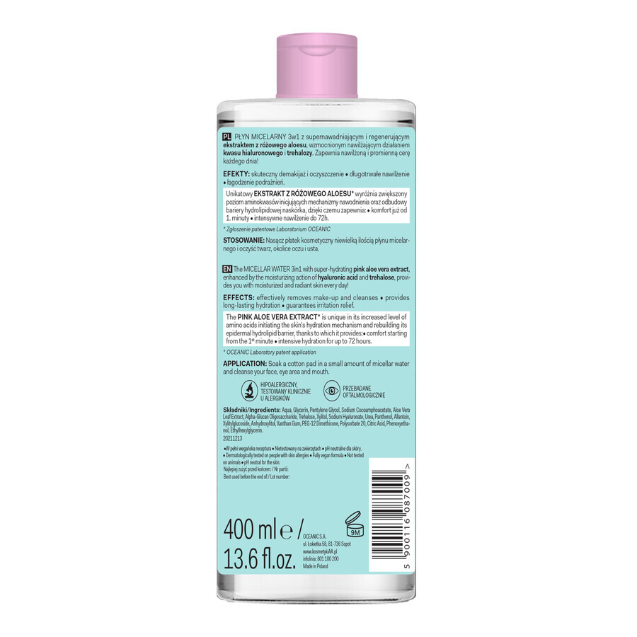 AA Aloe Pink, mizellare Lotion 3in1, alle Hauttypen, 400 ml