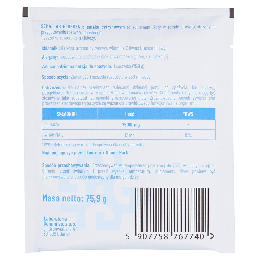 SEMA Lab Glucosio, polvere per soluzione orale, gusto limone, 75,9 g