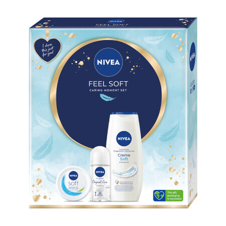 Nivea Feel Soft Set, Intensive Feuchtigkeitscreme für Gesicht, Körper und Hände, 100 ml + Original Care, Roll-on Antitranspirant, 48h, 50 ml + Creme Soft, Duschgel, 250 ml 