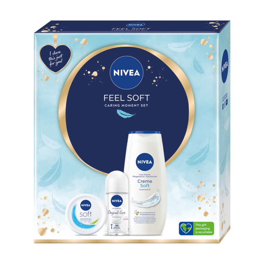 Nivea Feel Soft Set, Intensive Feuchtigkeitscreme für Gesicht, Körper und Hände, 100 ml + Original Care, Roll-on Antitranspirant, 48h, 50 ml + Creme Soft, Duschgel, 250 ml 