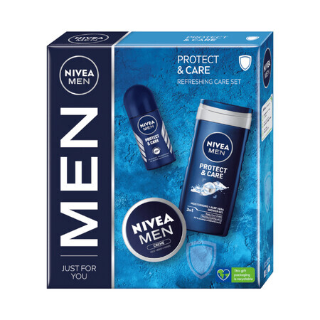 Set Nivea Men Protect &amp; Care, gel de duș 3 în 1 pentru față, corp și păr, 250 ml + antiperspirant roll-on, 48h, 50 ml + cremă pentru față, corp și mâini, 75 ml