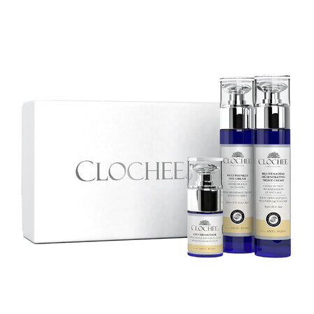 Set per la cura della pelle del viso Clochee, crema antirughe, 50 ml + crema da notte ringiovanente, 50 ml + maschera per gli occhi, 15 ml