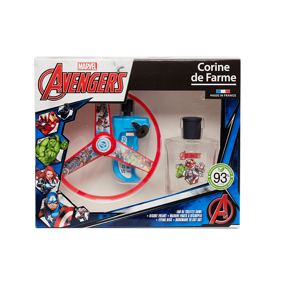 Set Corine De Farme Marvel Avengers, eau de toilette, 50 ml + disco volante, 1 pezzo + segnalibro ritagliato, 1 pezzo