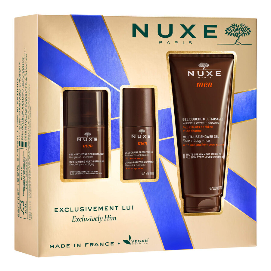 Nuxe Men set, gel facial hidratante multifuncional, 50 ml + desodorante roll-on, 50 ml + gel de ducha, 200 ml