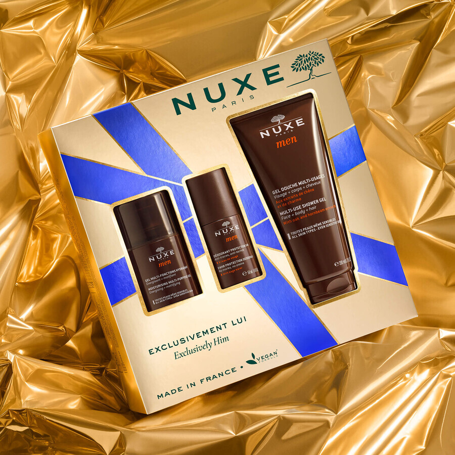 Nuxe Men set, gel facial hidratante multifuncional, 50 ml + desodorante roll-on, 50 ml + gel de ducha, 200 ml