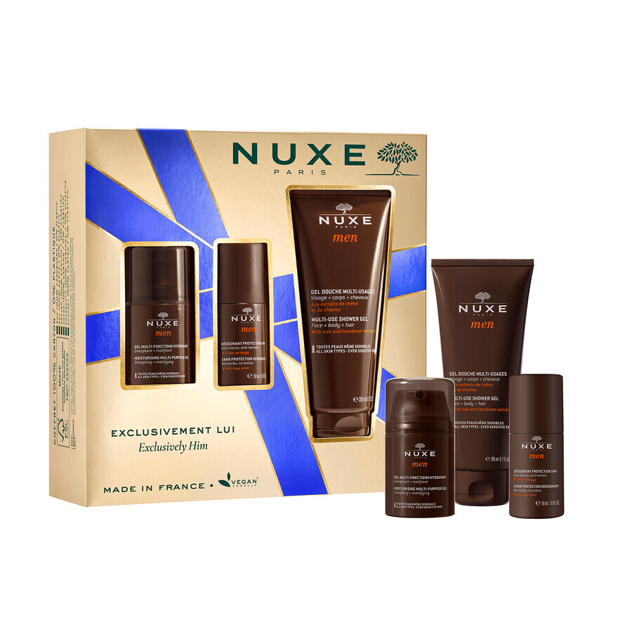 Nuxe Men set, gel facial hidratante multifuncional, 50 ml + desodorante roll-on, 50 ml + gel de ducha, 200 ml