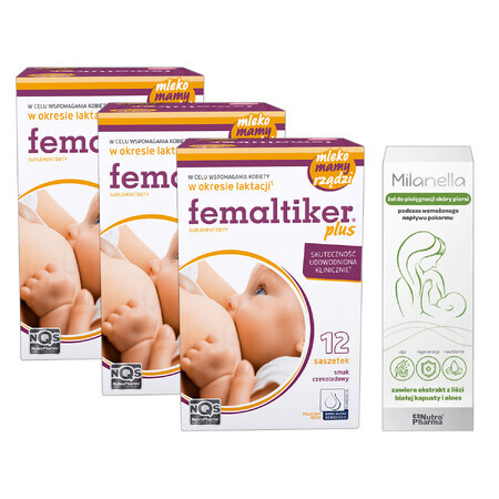 Set Femaltiker Plus, gusto cioccolato, 3 x 12 bustine + Milanella, gel per la cura del seno, 75 ml