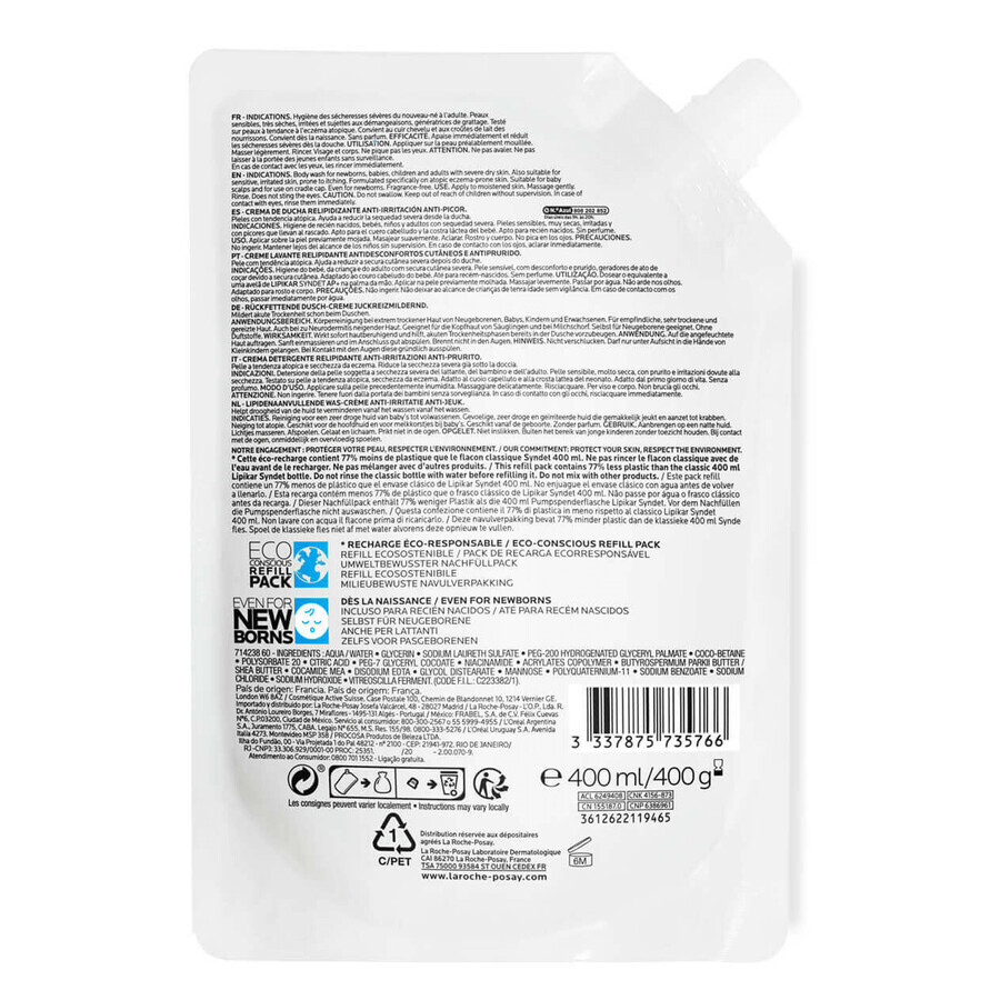 La Roche-Posay Lipikar Syndet AP+, crema lavante lipidica, dalla nascita in poi, scorta, 400 ml