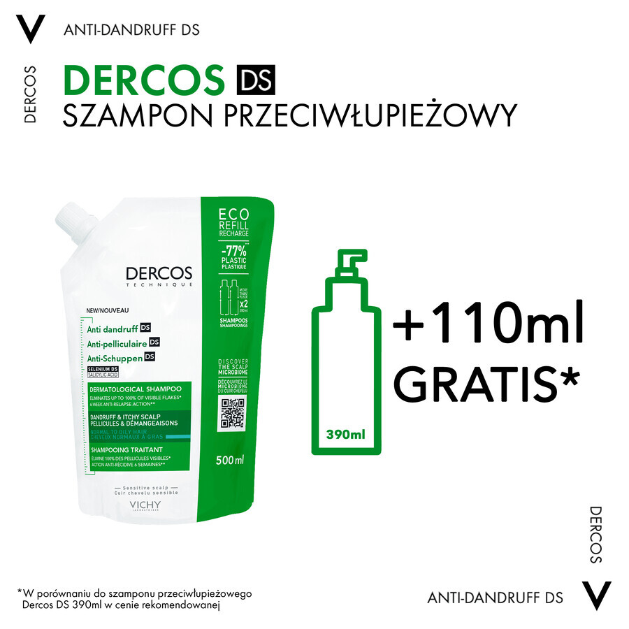 Vichy Dercos Antiforfora DS, shampoo antiforfora, capelli normali e grassi, ricambio, 500 ml