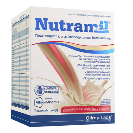 Olimp Nutramil Complex, préparation nutritionnelle, chocolat blanc à la framboise, 72 g x 7 sachets