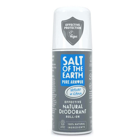 Salt Of The Earth Pure Armour Roll-On Deodorant voor Mannen met Vetiver en Citrus, 75 ml, Crystal Spring