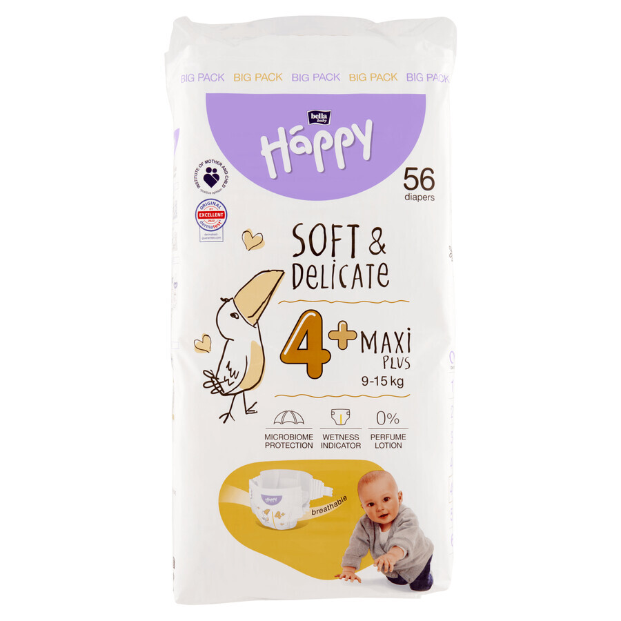 Bella Baby Happy, diapers, size 4+ Maxi Plus, 9-15 kg, 56 pcs