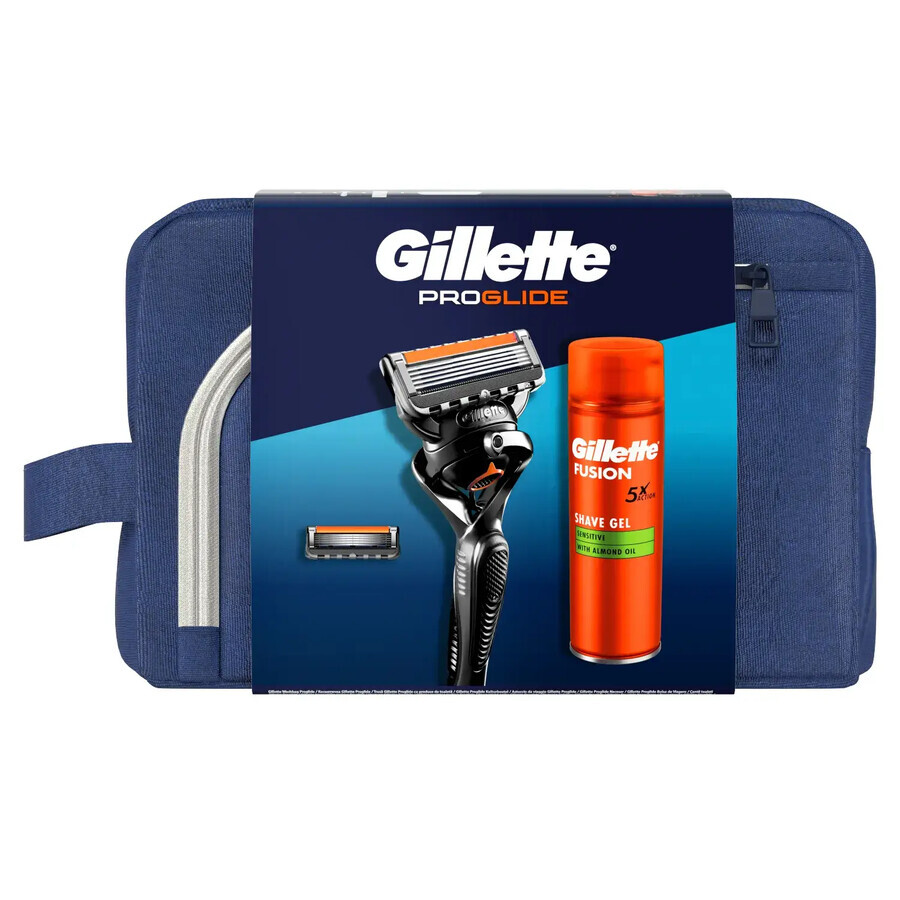 Gillette Proglide Set, Rasierer, 1 Stück + Klinge, 1 Stück + Rasiergel, 200 ml + Kosmetiktasche, 1 Stück