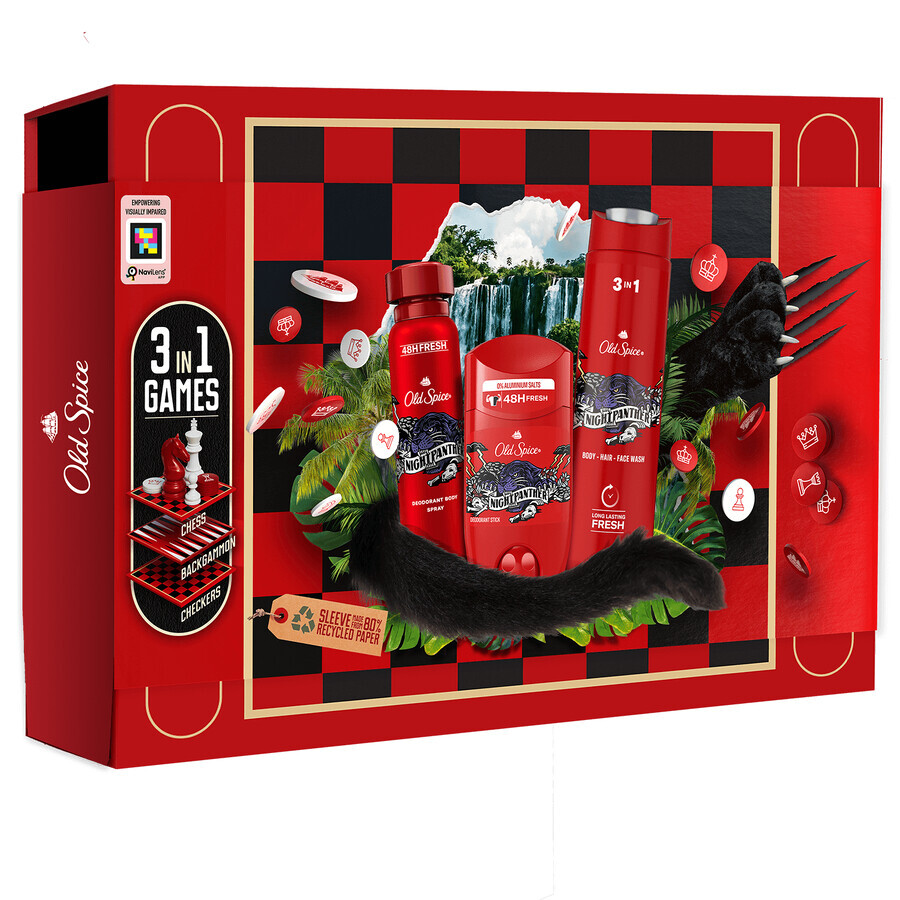 Set Old Spice Gamebox, deodorant, stick, Night Panther, 50 ml + deodorant, spray, 150 ml + shower gel, 250 ml + board game, 3 pieces