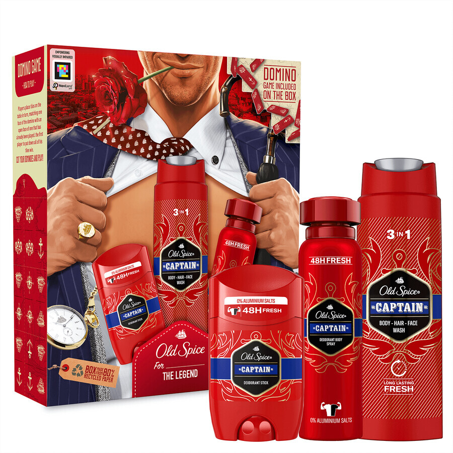 Set Old Spice Gentleman, deodorante, stick, Captain, 50 ml + deodorante, spray, Captain, 150 ml + gel doccia, Captain, 250 ml