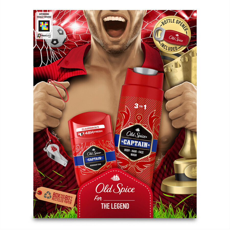 Set Old Spice Footballer, deodorante in stick, Captain, 50 ml + gel doccia 3 in 1, Captain, 250 ml + apribottiglie