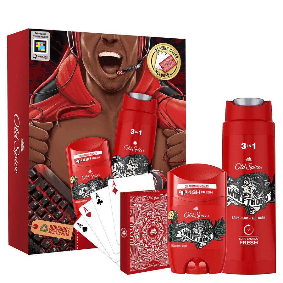 Set Old Spice Gamer, deodorante in stick, Wolfthorn, 50 ml + gel doccia 3 in 1, Wolfthorn, 250 ml + carte da gioco