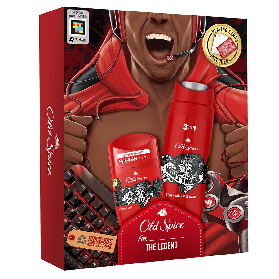 Set Old Spice Gamer, deodorante in stick, Wolfthorn, 50 ml + gel doccia 3 in 1, Wolfthorn, 250 ml + carte da gioco