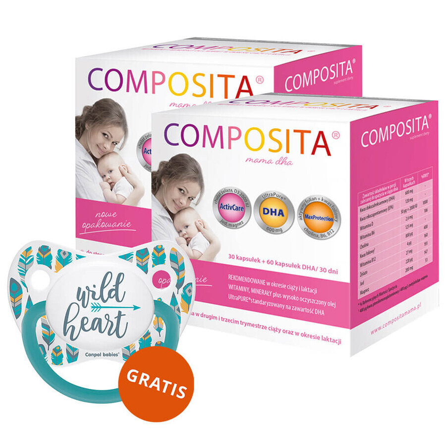 Set Composita Mama DHA, 2 x 30 capsule + 2 x 60 capsule DHA + Canpol, ciuccio, turchese, 0-6 mesi, 1 in omaggio