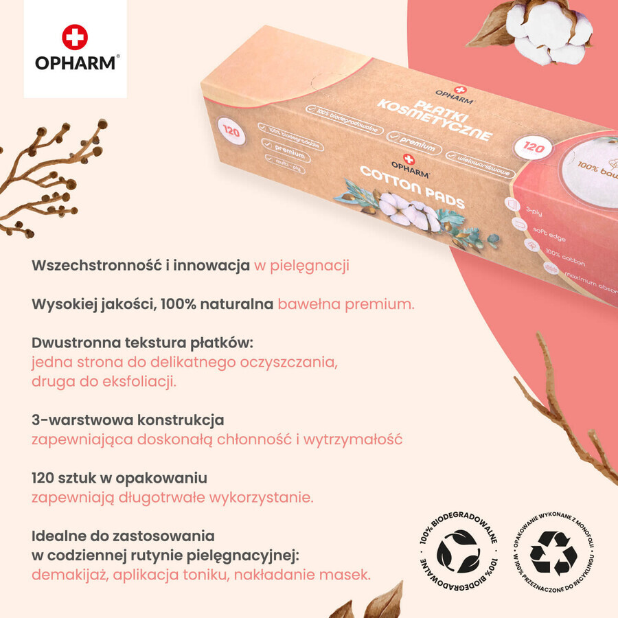 Opharm, tamponi cosmetici biodegradabili, rotondi, 120 pezzi