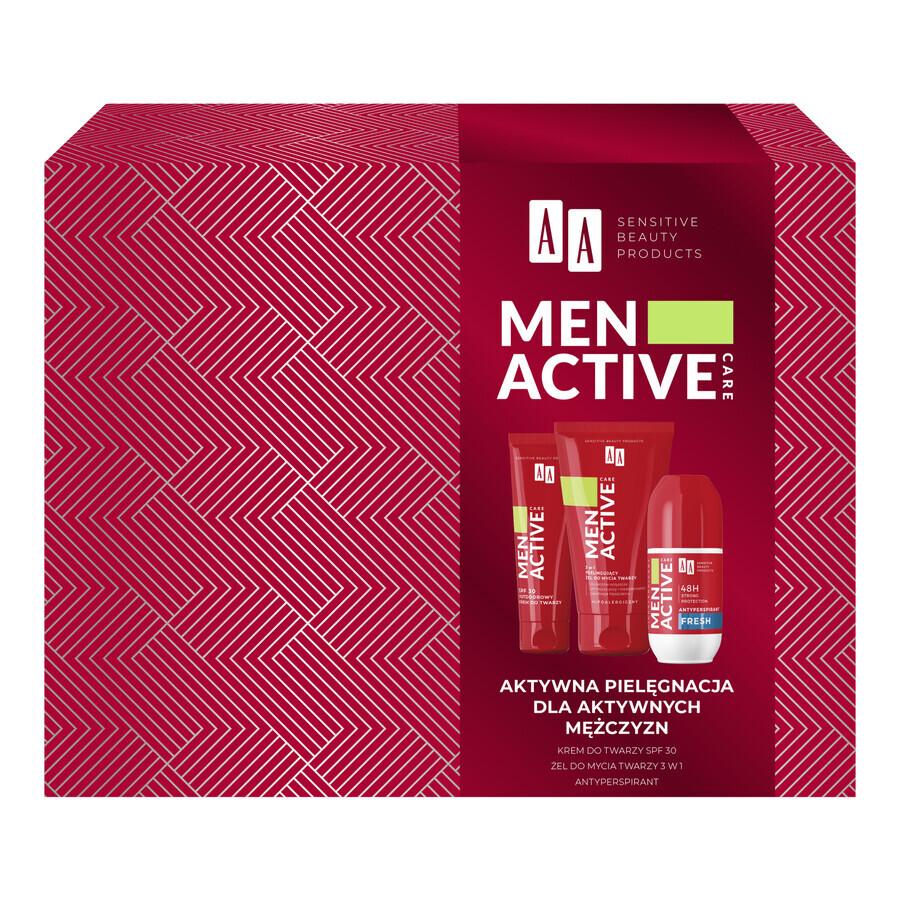 Set AA Men Active Care Active Care Programm, Gesichtscreme, SPF 30, 50 ml + Waschgel, 150 ml + Antitranspirant-Roller, Fresh, 50 ml