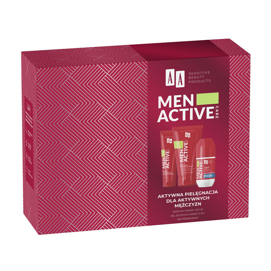 Set AA Men Active Care Active Care Programm, Gesichtscreme, SPF 30, 50 ml + Waschgel, 150 ml + Antitranspirant-Roller, Fresh, 50 ml