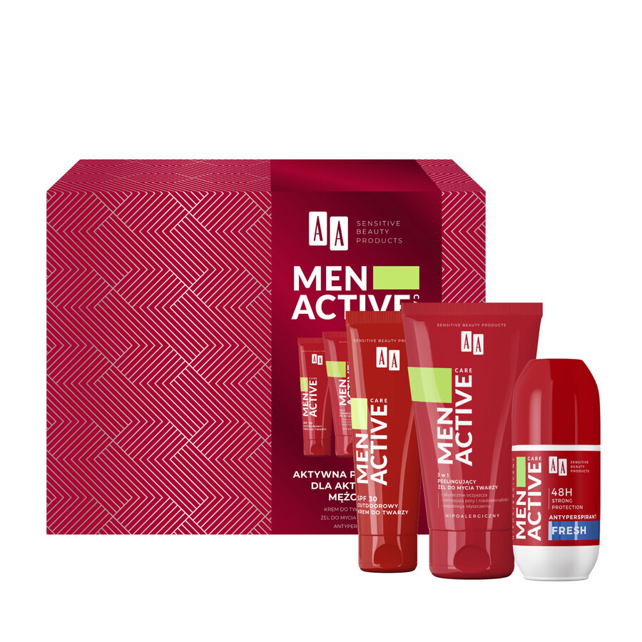 Set AA Men Active Care Active Care Programm, Gesichtscreme, SPF 30, 50 ml + Waschgel, 150 ml + Antitranspirant-Roller, Fresh, 50 ml