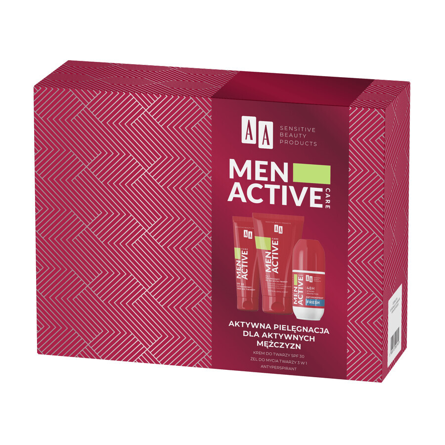 Set AA Men Active Care Active Care Programm, Gesichtscreme, SPF 30, 50 ml + Waschgel, 150 ml + Antitranspirant-Roller, Fresh, 50 ml