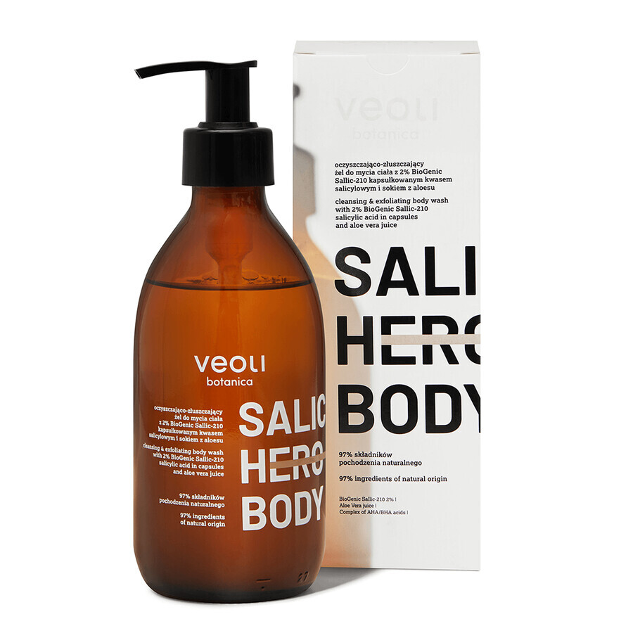 Veoli Botanica Salic Hero Body, cleansing and exfoliating body gel with 2% encapsulated salicylic acid BioGenic Sallic-210 and aloe vera juice, 280 ml