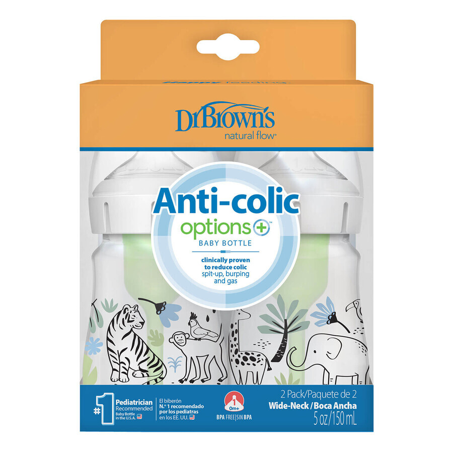 Dr Brown's Anti-Colic Options+ Wide Neck Anti-Colic Bottle Jungle 2 x 150ml