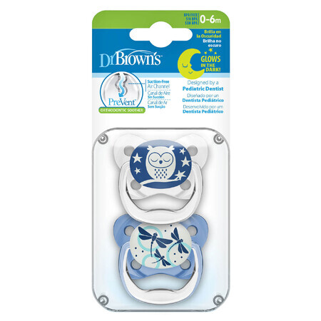 Dr Brown's PreVent, ciuccio, ortodontico, fosforescente, blu, 0-6 mesi, 2 pezzi