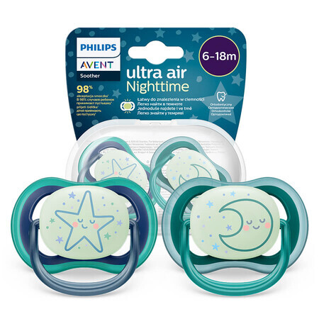 Avent Ultra Air Nighttime, ciuccio, silicone, simmetrico, fosforescente, bambino, SCF376/13, 6-18 mesi, 2 pezzi