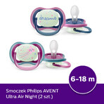 Avent Ultra Air Nighttime, ciuccio, silicone, simmetrico, fosforescente, bambina, SCF376/14, 6-18 mesi, 2 pezzi