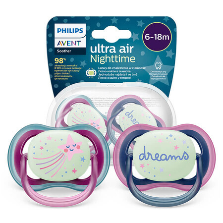 Avent Ultra Air Nighttime, ciuccio, silicone, simmetrico, fosforescente, bambina, SCF376/14, 6-18 mesi, 2 pezzi