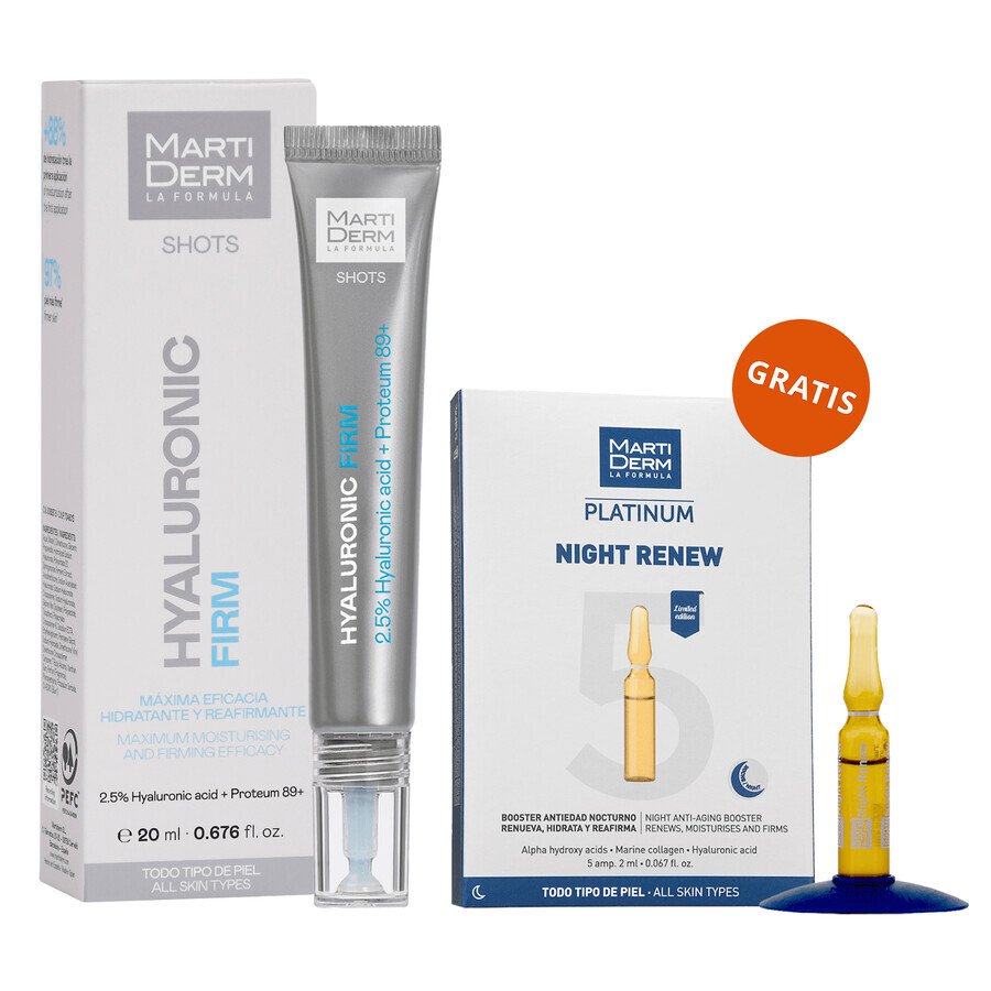 Set mit kostenlosem MartiDerm Shots Hyaluronic Filler, Gesichtsserum, 20 ml + Platinum Night Renew, Nacht-Booster, 2 ml x 5 Ampullen