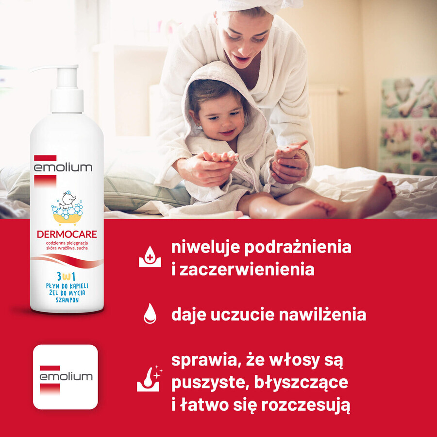 Emolium Dermocare Set 3 in 1, lozione da bagno, gel lavante e shampoo, dopo 1 mese, 2 x 400 ml + emulsione da bagno, 50 ml in omaggio