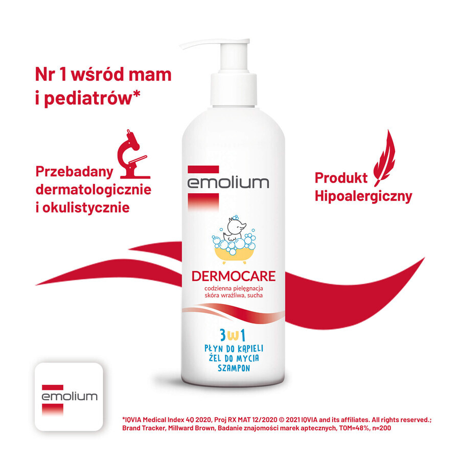 Emolium Dermocare Set 3 in 1, lozione da bagno, gel lavante e shampoo, dopo 1 mese, 2 x 400 ml + emulsione da bagno, 50 ml in omaggio