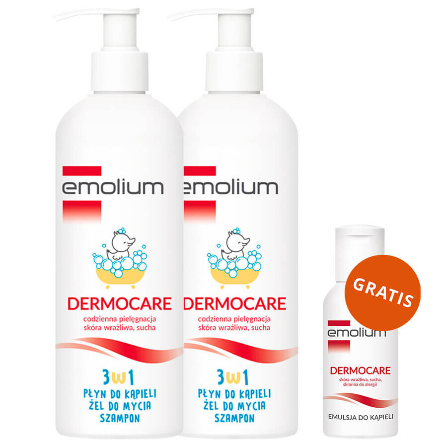 Emolium Dermocare Set 3 in 1, lozione da bagno, gel lavante e shampoo, dopo 1 mese, 2 x 400 ml + emulsione da bagno, 50 ml in omaggio