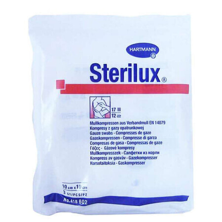 Sterilux, tamponi di garza sterili, 17 fili, 12 strati, 10 cm x 10 cm, 3 pz.